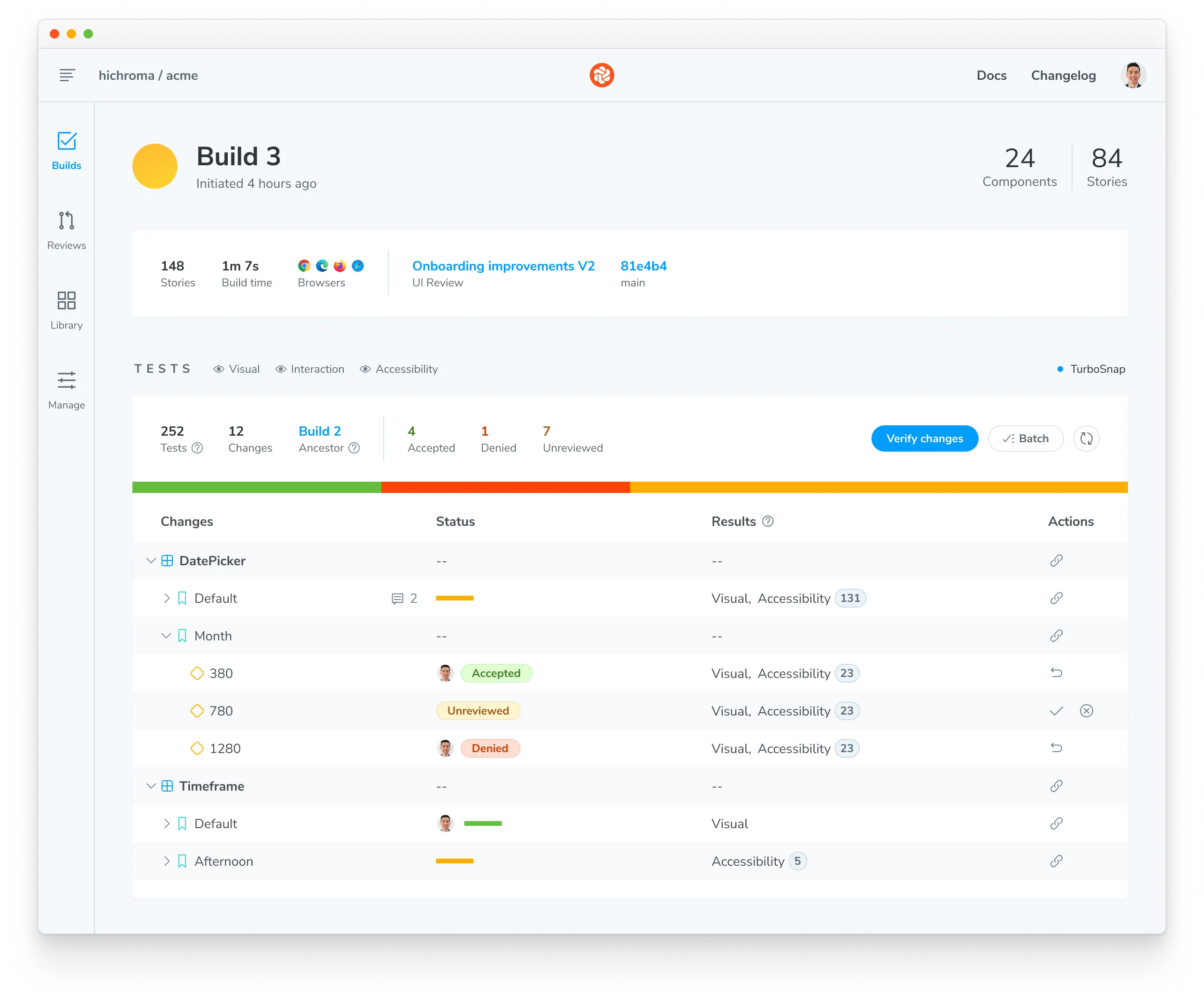 On the build page, you'll get a list of tests with changes. In the results column, you can see what kind of change was detected: visual or accessibility.