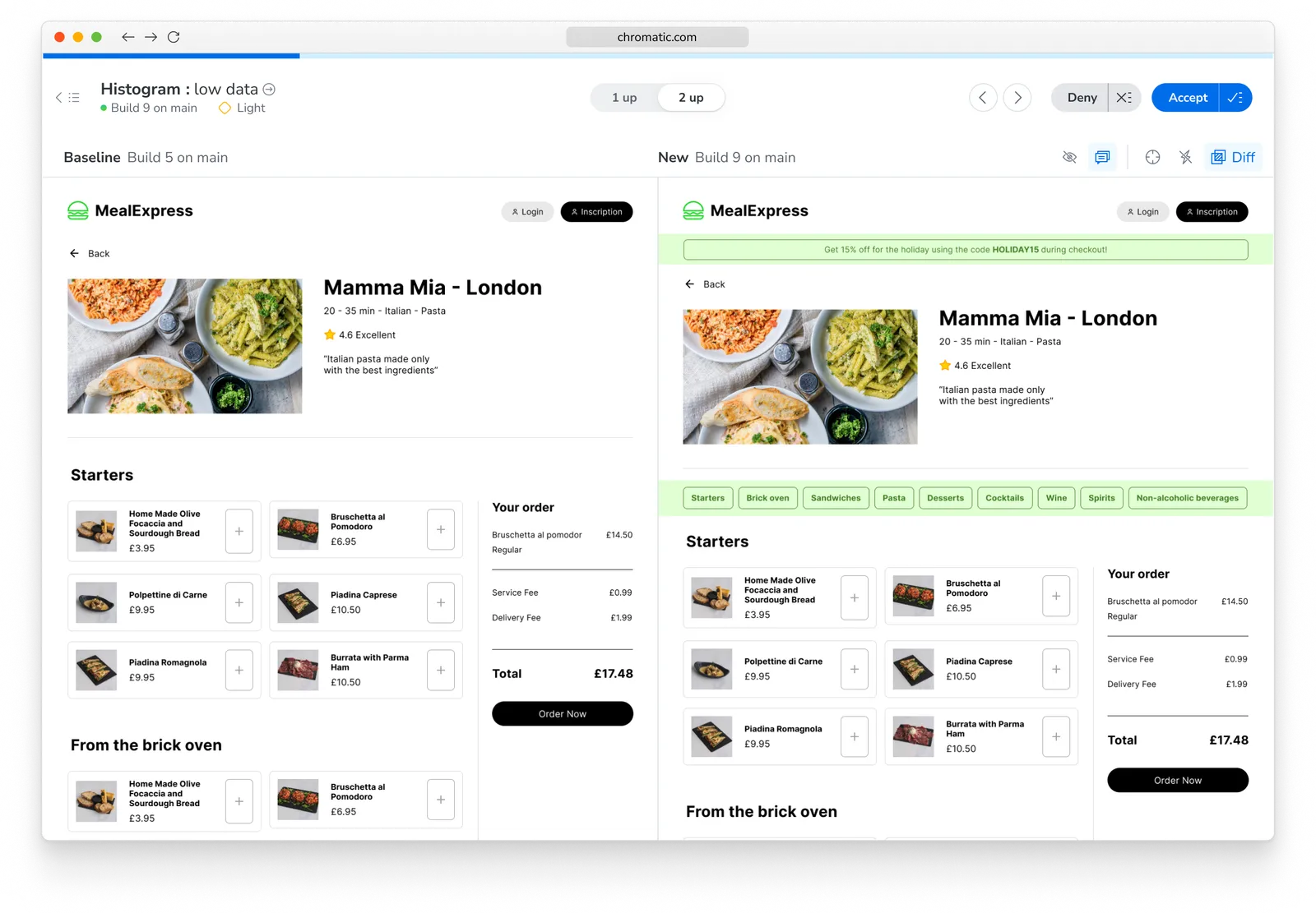 On the left is the baseline image and on the right is the new snapshot with only the banner highlighted in green